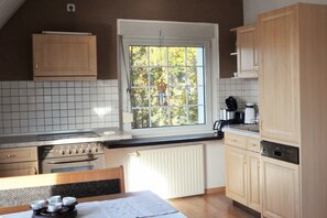 Fridge, microwave, oven, stovetop - Apartment Küchler - feel comfortable in the Erzgebirge (Oelsnitz/Erzgebirge)
