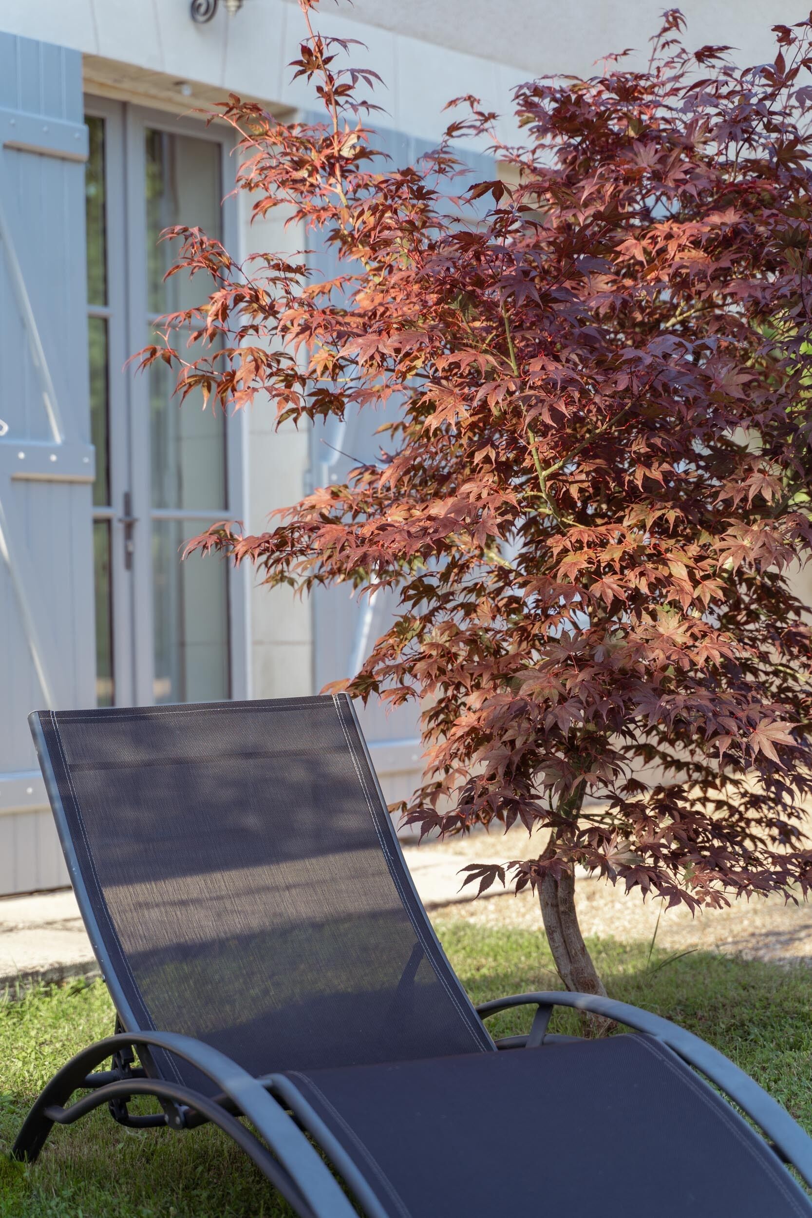 A lounge chair with a mesh backrest, positioned on grass in front of a building with a glass door and a tree with red leaves.
