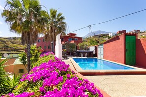 Una piscina con vista su una montagna, circondata da fiori colorati e palme.