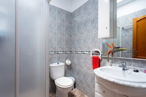Un bagno con WC, lavabo e zona doccia.