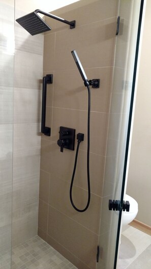 Combined shower/tub, hair dryer, towels, soap