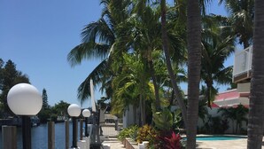 A waterfront walkway with stone tiles, palm trees, and a pool area.