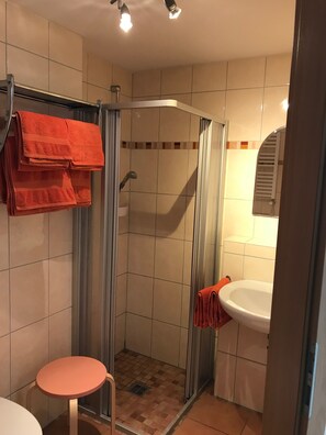 Shower, hair dryer, towels, toilet paper - Bright, comfortably furnished vacation apartment with panoramic views  (Cochem)