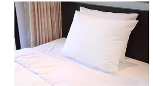 A neatly made bed with white bedding and pillows, a dark headboard, and a curtain in the background. - The Rhinos 6 (Guildford)