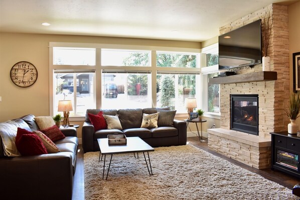 Smart TV, fireplace, books