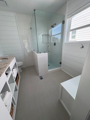 Combined shower/tub, jetted tub, towels