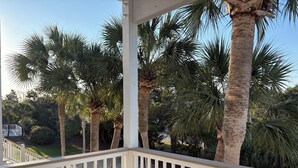 A covered outdoor area with a white railing, palm trees, and a wooden deck.
