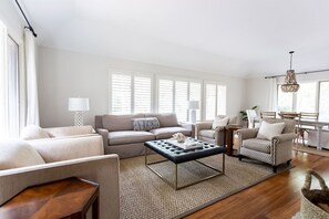 Smart TV, fireplace, books