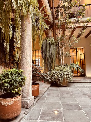 An indoor courtyard with stone flooring, potted plants, and hanging ferns.