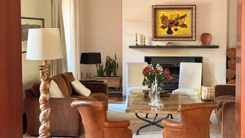 Smart TV, chimenea, reproductor de DVD, libros