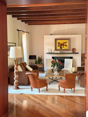 Smart TV, fireplace, DVD player, books