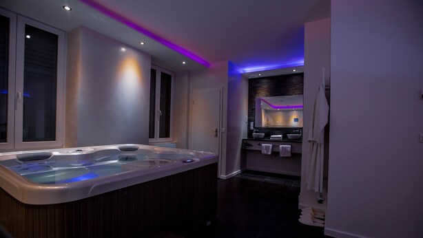 A modern bathroom with a large bathtub, a shower area, and a vanity with a mirror. - Fully privatized apartment with jacuzzi and steam shower (Colmar)