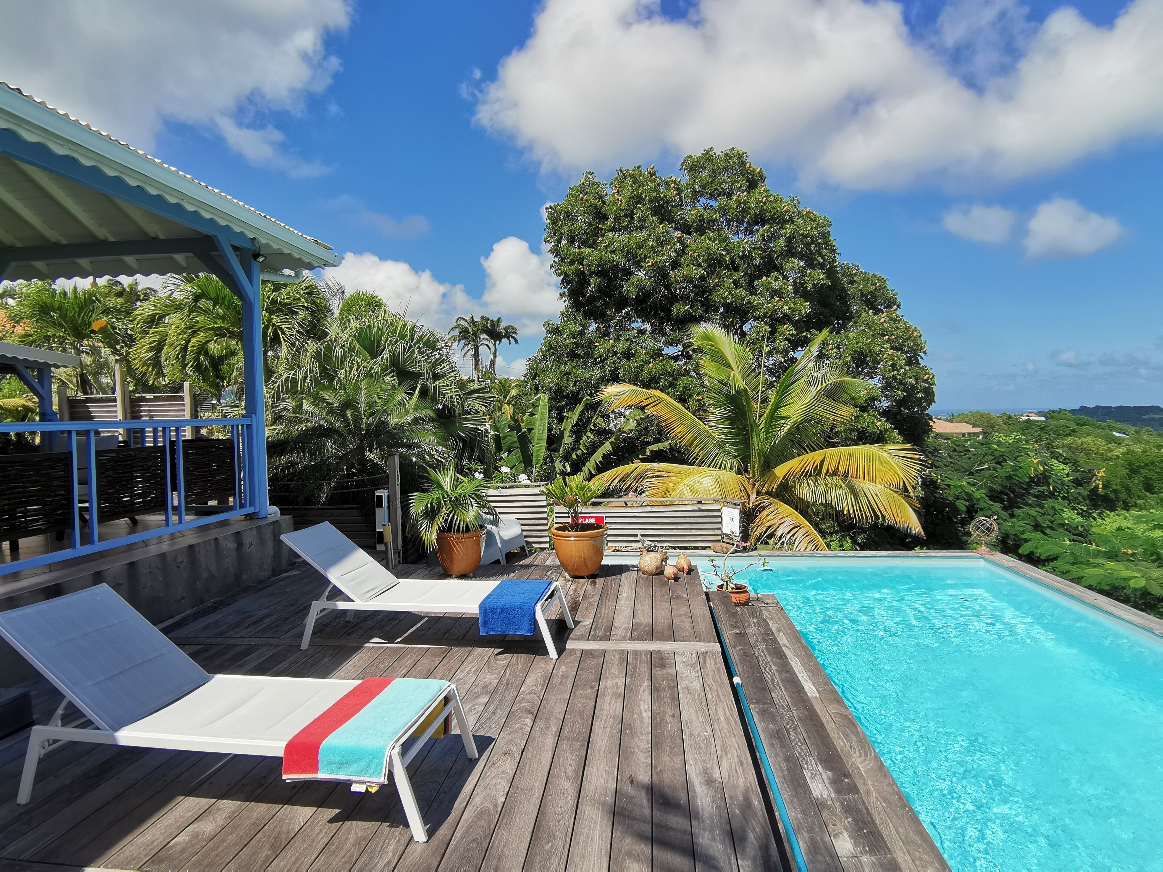 Une terrasse en bois avec des chaises longues et une piscine.