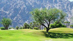 A golf course with a large mountain in the background.