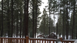 A wooden deck with snow-covered railings, surrounded by tall pine trees and a cabin in the background.
