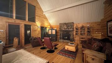 Smart TV, fireplace, foosball, books
