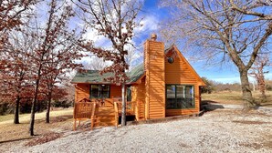 A wooden cabin with a porch, a chimney, and a large window. - Maggie May @ Tenkiller - 2 minutes to boat ramp & state park! (Vian)