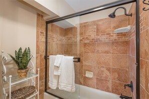 A glass-enclosed shower with a brick backsplash, a white towel rack, and a potted plant. - Views, Ocean/Mountain, Hot Tub, AC, Walk to Mesa Village, Gated Yard (Santa Barbara)
