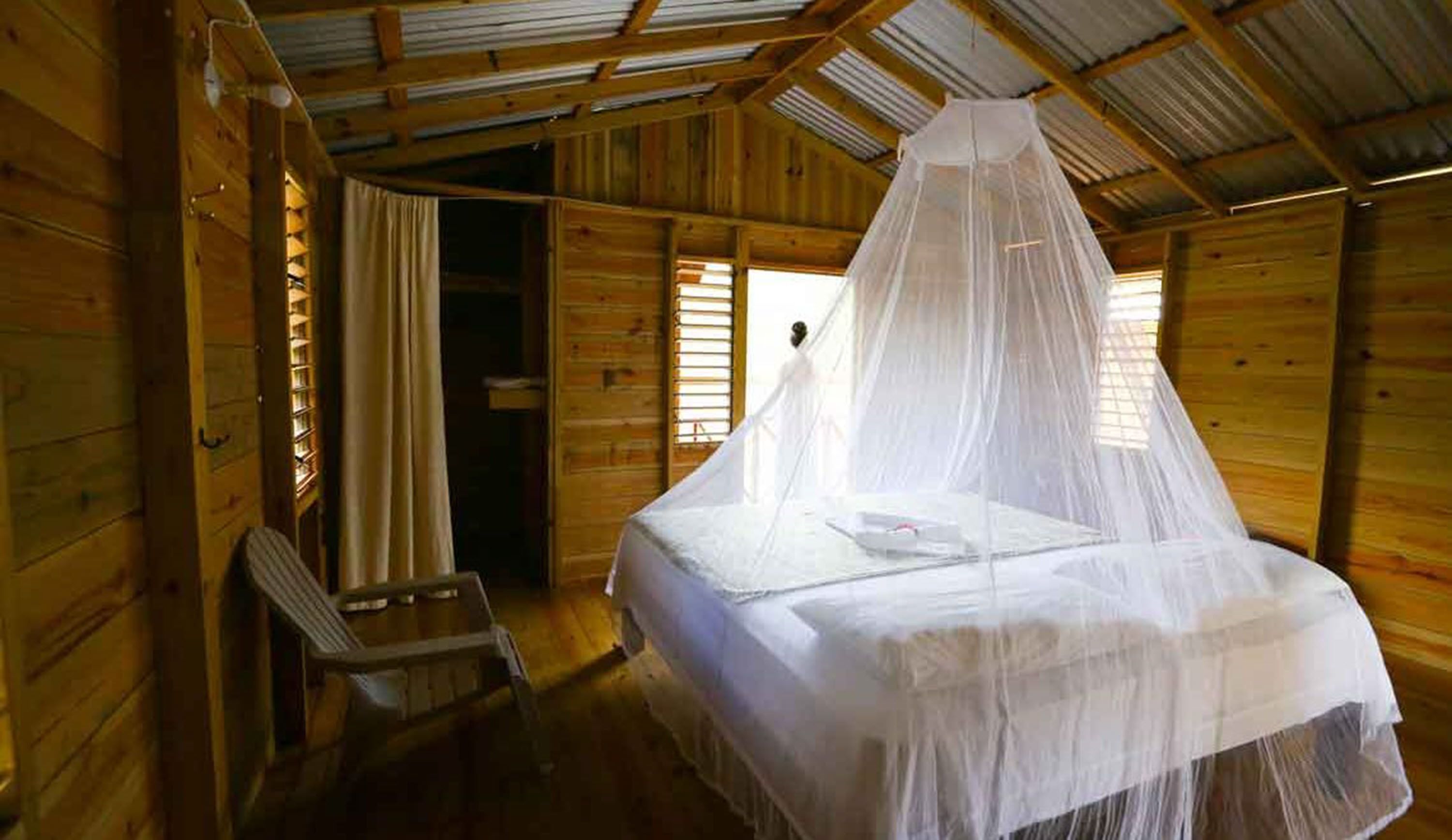 A wooden cabin room with a bed covered by a mosquito net.