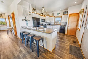 Fridge, microwave, oven, stovetop - Canalfront Home in Avon with Hot Tub, Private Boat Dock, Kayaks, and Game Room (Avon)