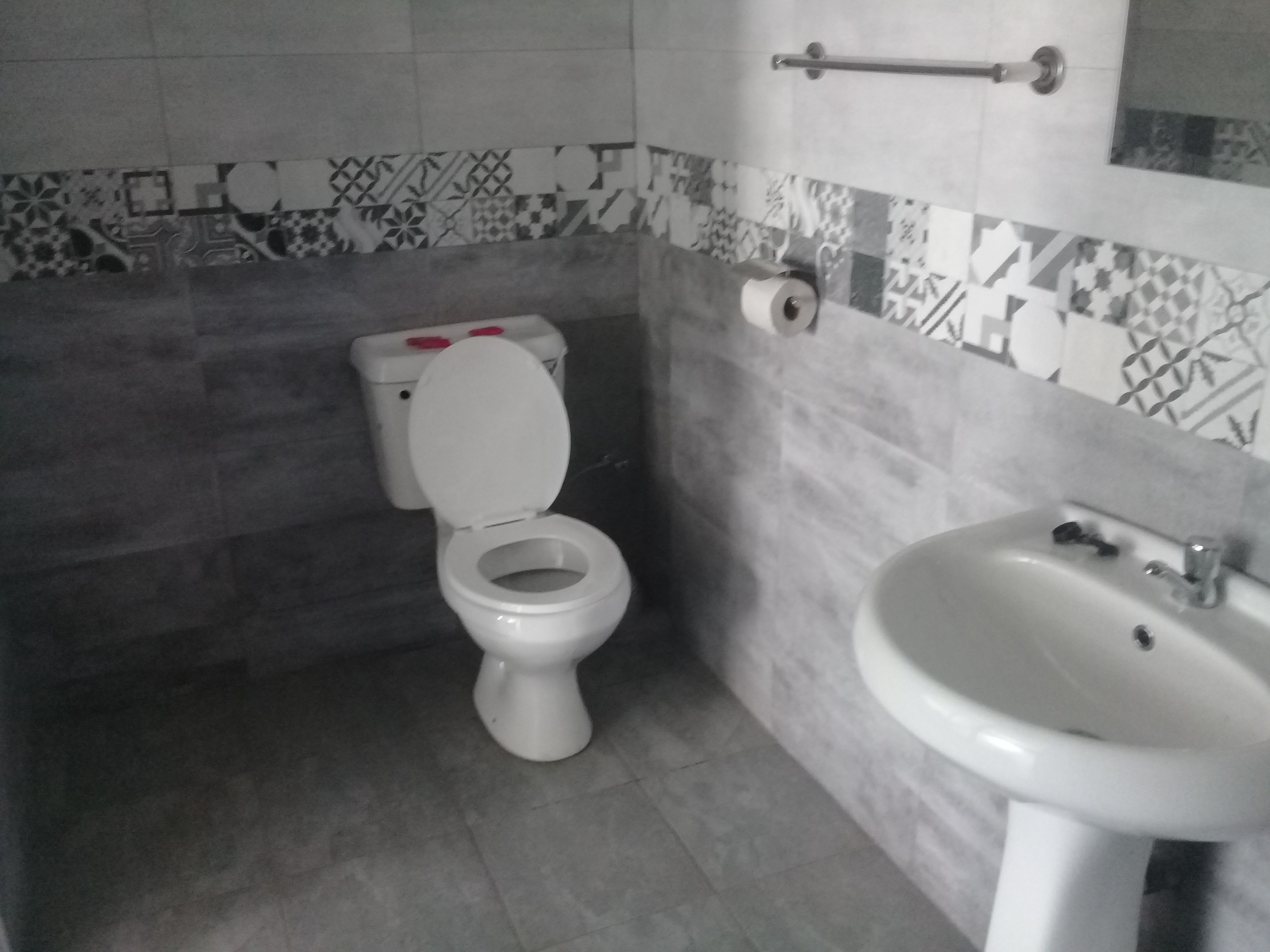 A bathroom with a toilet and sink, tiled walls, and a handrail.