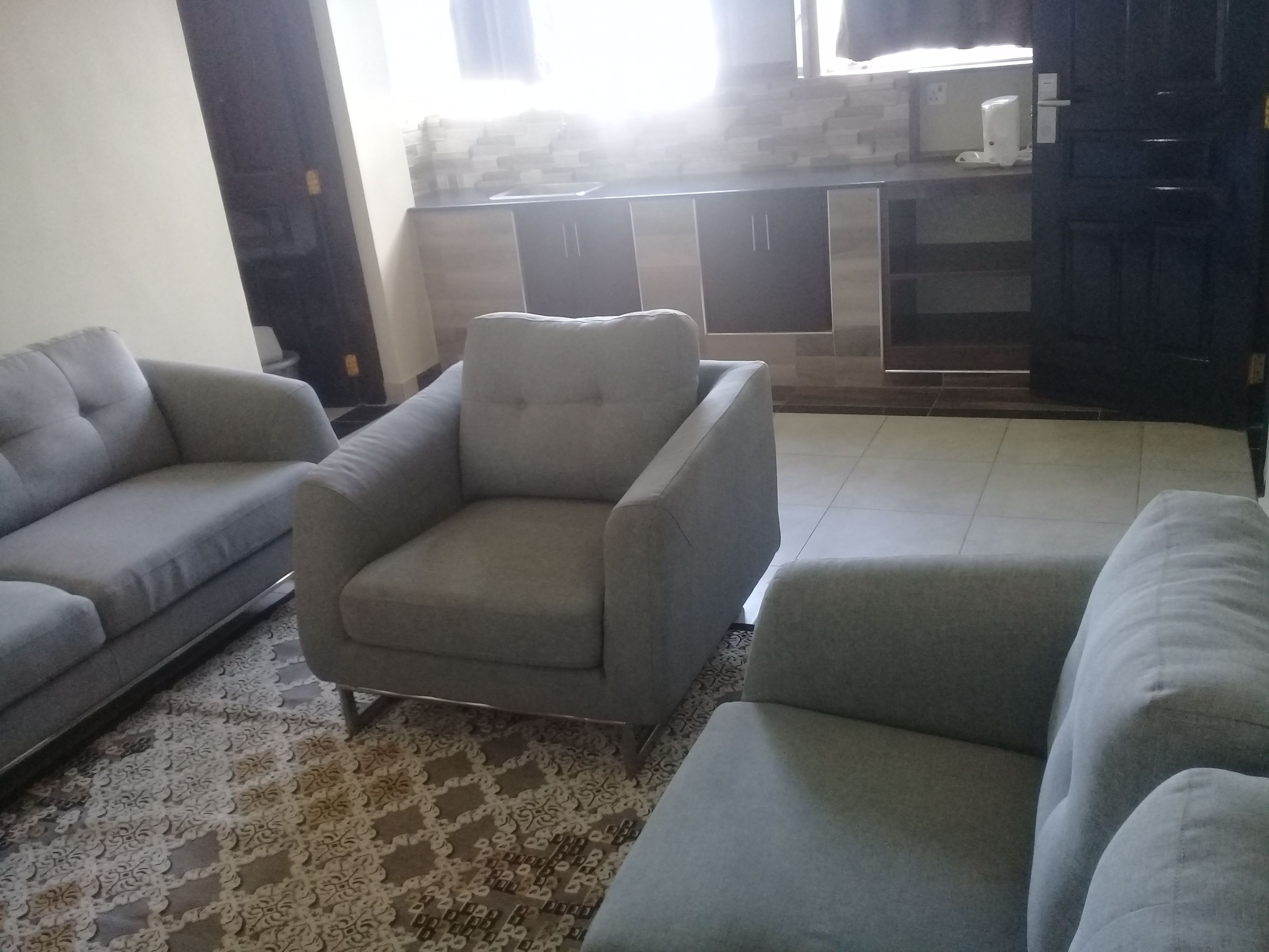 A living room with a grey sofa, a grey armchair, and a patterned rug.
