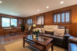 TV, fireplace, books, video library