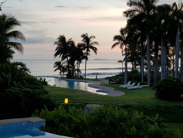 A resort pool with a view of the ocean and palm trees.