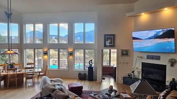Smart TV, fireplace, DVD player, books