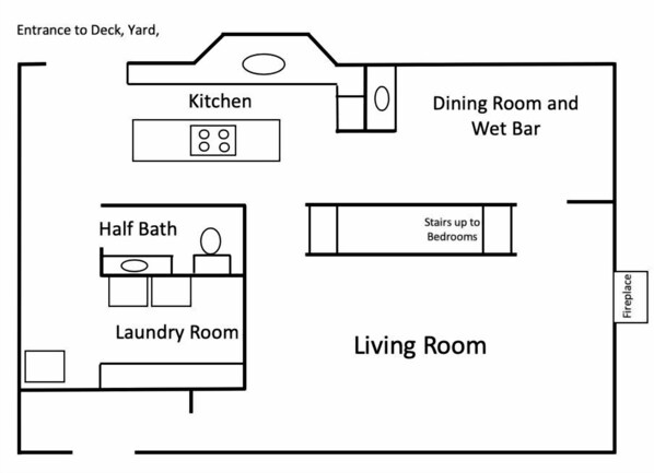 A floor plan of a house with a kitchen, dining room, wet bar, half bath, laundry room, living room, and fireplace.