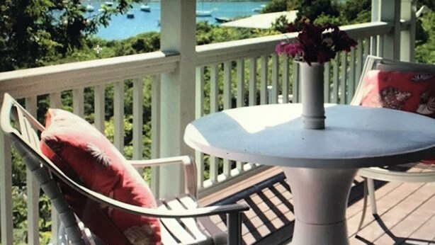 A covered outdoor seating area with a table and chairs, overlooking a body of water and greenery. - Private cottage in great location with a Path to Chocolate Hole Beach (St. John)