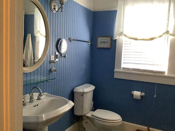 A bathroom with a sink, toilet, and mirror.