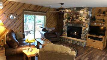 Smart TV, fireplace, DVD player, books