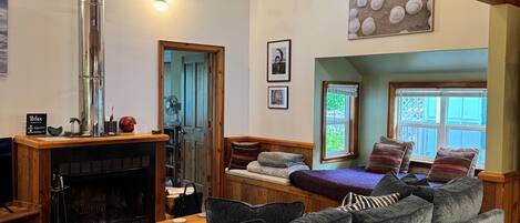 智能电视、壁炉、DVD 播放器、书