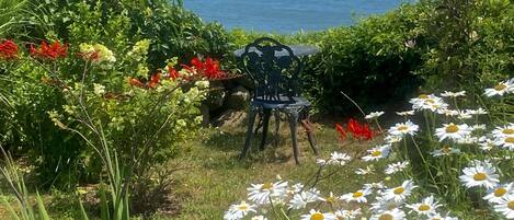 Un jardí amb taula i cadires, vista al mar i diverses flors.