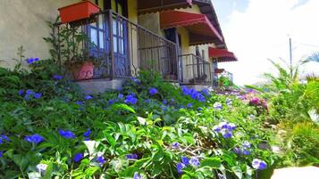 Ein Haus mit Balkon, umgeben von üppigem Grün und leuchtend blauen Blumen.