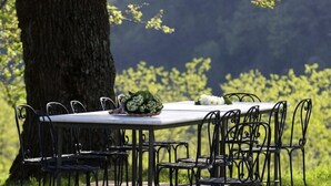 Un área de comedor al aire libre con una mesa y sillas, con árboles y follaje de fondo.