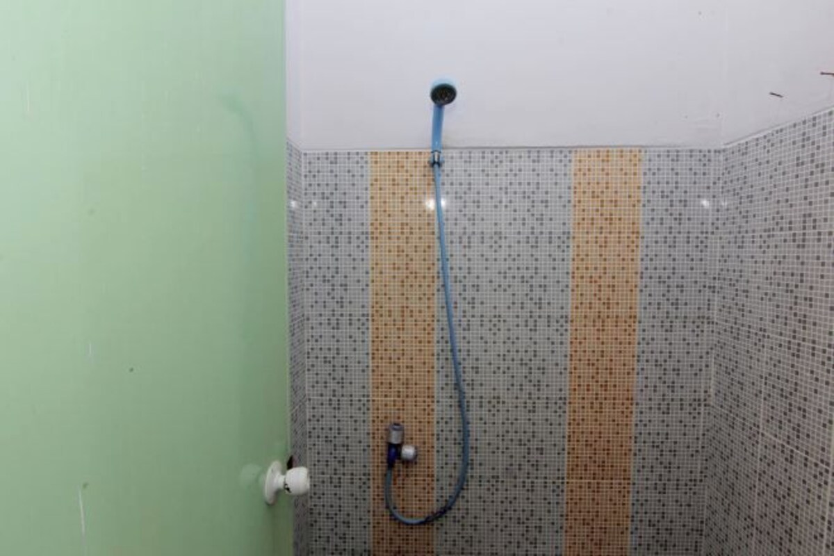Ducha con una manguera azul, paredes de azulejos y una puerta verde.