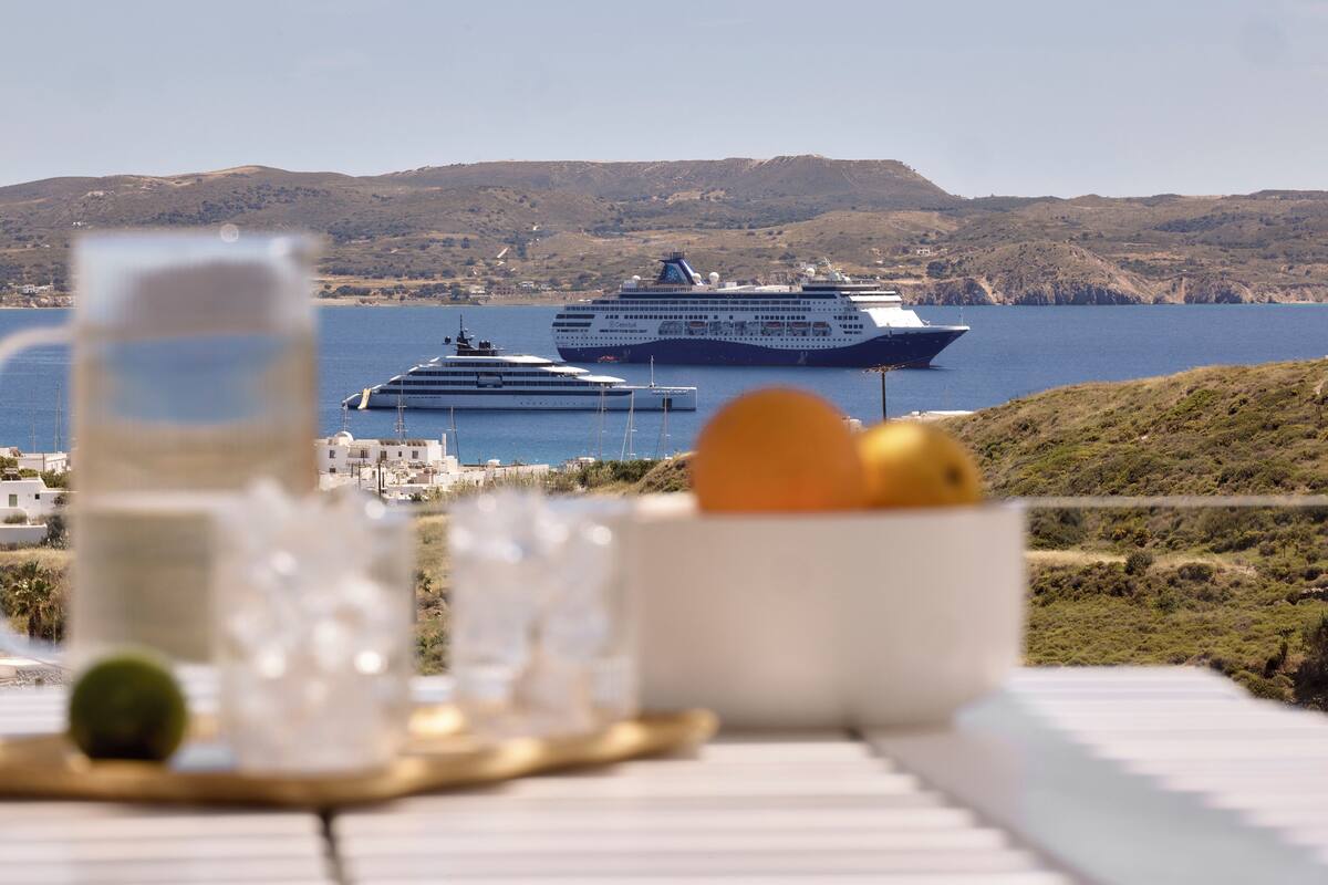 A table with a glass of water, a bowl of fruit, and a glass of wine, overlooking a cruise ship and a smaller boat on the water.