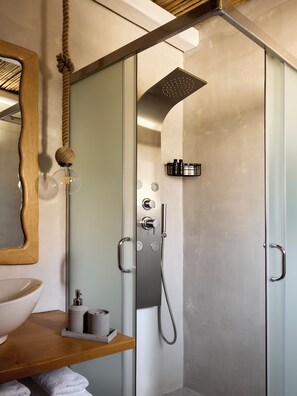 Superior Suite, Jetted Tub, Sea View | Bathroom | Shower, hydromassage showerhead, hair dryer, bathrobes - Milesian Suites (Milos)