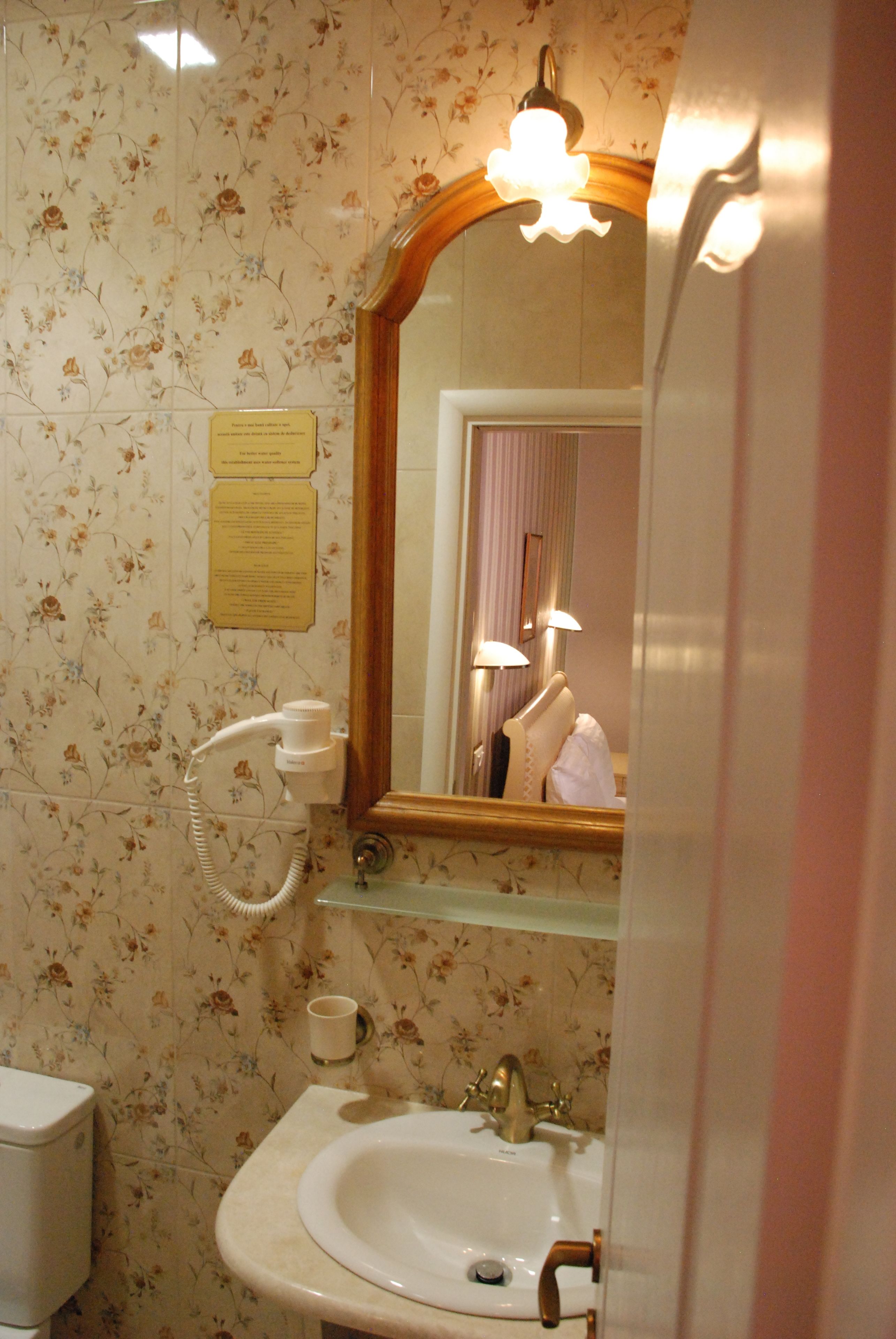 A bathroom with a floral wallpaper, a white sink with a gold faucet, a hairdryer, and a mirror with a wooden frame.