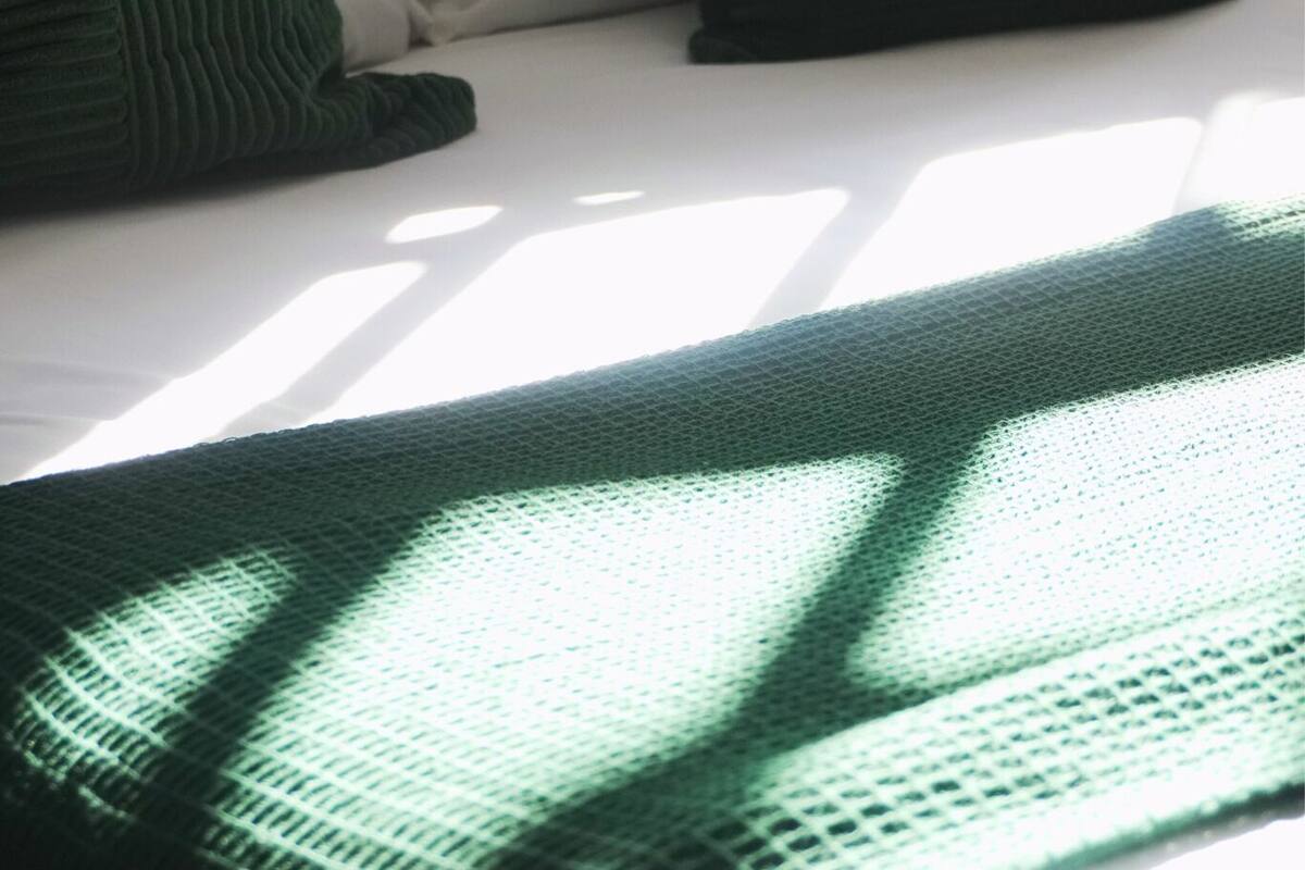 A bed with a white pillow and two green pillows, a green blanket, and a lamp on a bedside table.