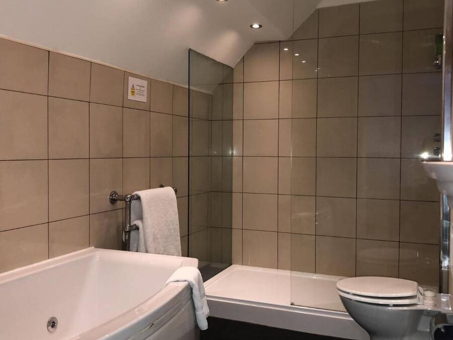 A modern bathroom with a bathtub, a shower, and a toilet.