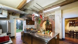 Une cuisine dotée d’un grand îlot central, d’appareils électroménagers en acier inoxydable et d’une plante suspendue.