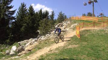 A mountain biker on a dirt trail with trees and a ski lift in the background.