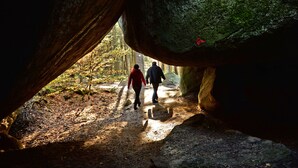 Un sendero en el bosque bajo una gran formación rocosa, con dos personas caminando.