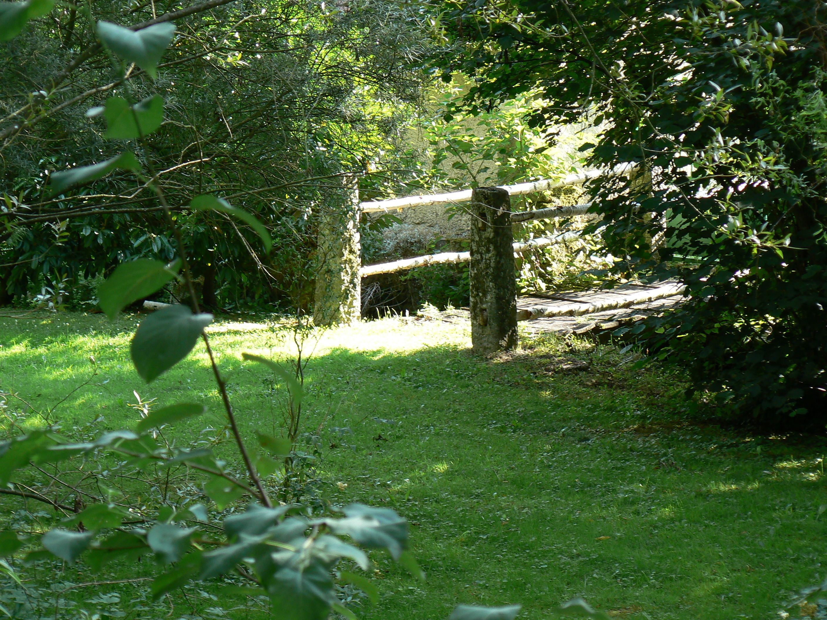 A rustic wooden gate in a lush green garden with dense foliage and a stone wall in the background.