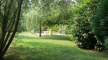 Un jardin luxuriant avec une fontaine en pierre, entouré d’un feuillage dense et d’arbres.