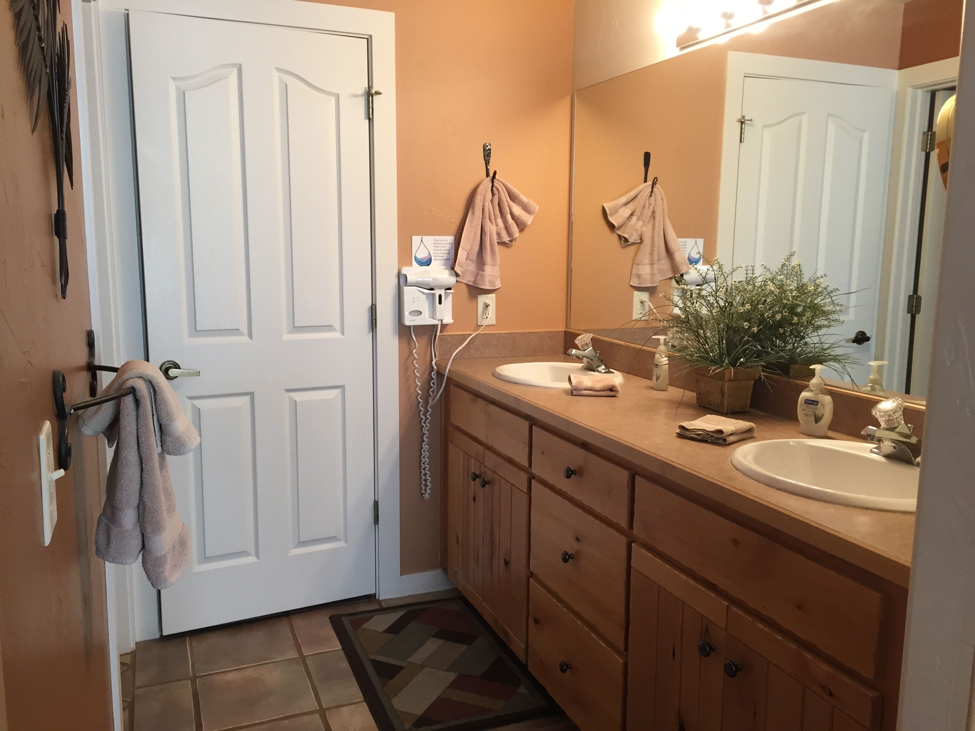 A bathroom with a white door, wooden vanity, two sinks, a mirror, a towel rack, a hairdryer, and a potted plant.