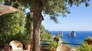A patio with wicker chairs, potted plants, and a view of the sea and rocky cliffs. - Villa Capri Marina (Capri)